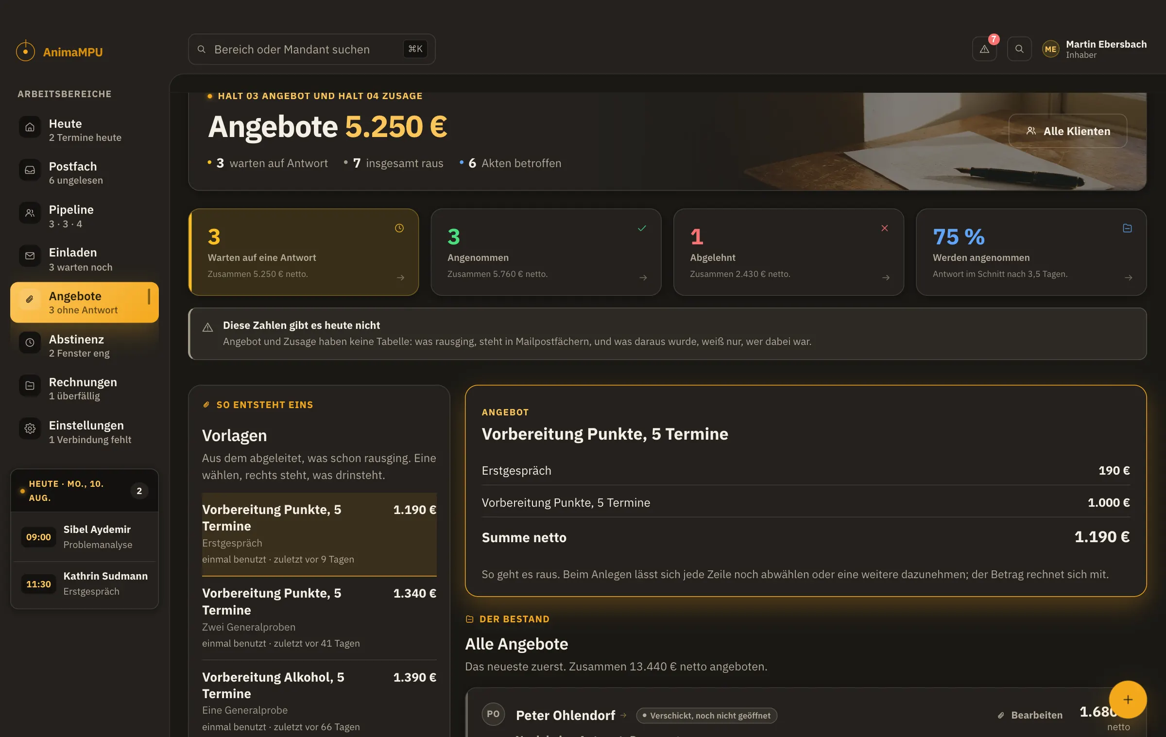 Der Bildschirm „Angebote“ im AnimaMPU Dashboard. Links die Vorlagen, rechts das Angebot. Zeilen anhaken, der Betrag rechnet sich mit.