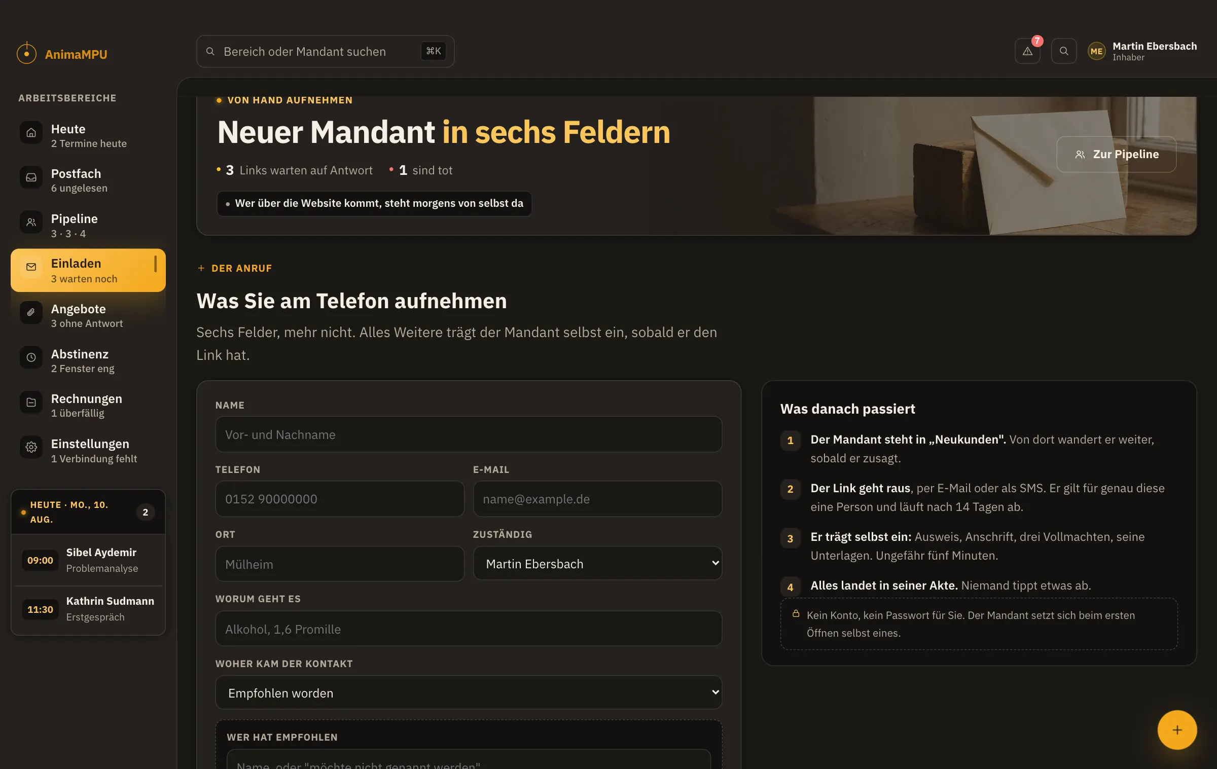 Der Bildschirm „Einladen“ im AnimaMPU Dashboard. Sechs Felder am Telefon, mehr nicht. Alles Weitere trägt der Mandant selbst ein, sobald er den Link hat.
