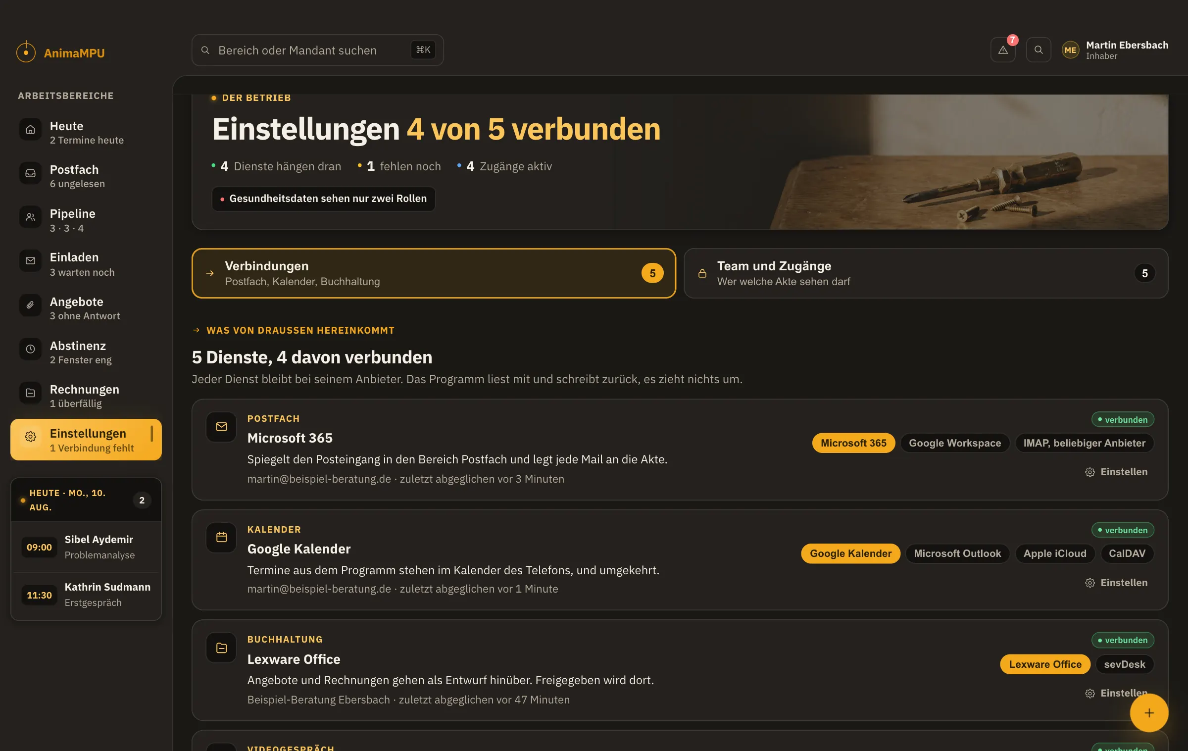 Der Bildschirm „Einstellungen“ im AnimaMPU Dashboard. Sie benennen Ihre Phasen und laden Mitarbeiter ein. Und Sie legen fest, wann eine abgeschlossene Akte gelöscht wird.