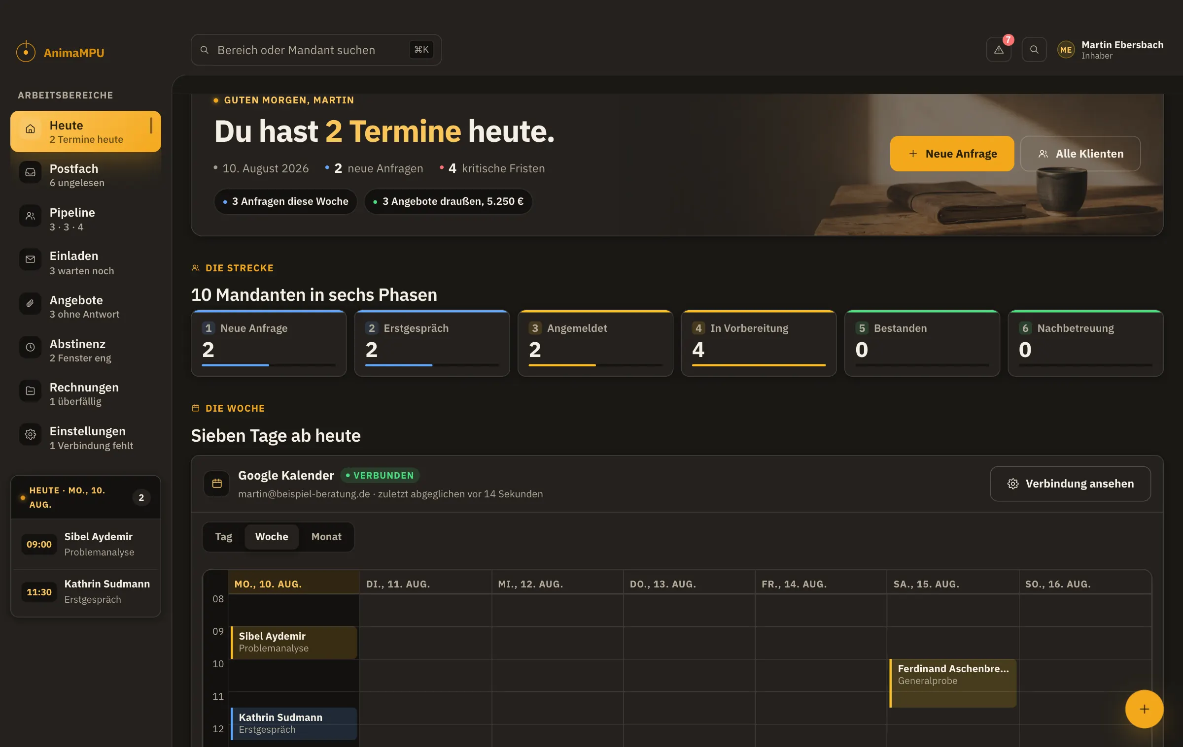 Der Bildschirm „Heute“ im AnimaMPU Dashboard. Wer abends arbeitet, nimmt Dunkel. Dieselbe Software, dieselben Zahlen.