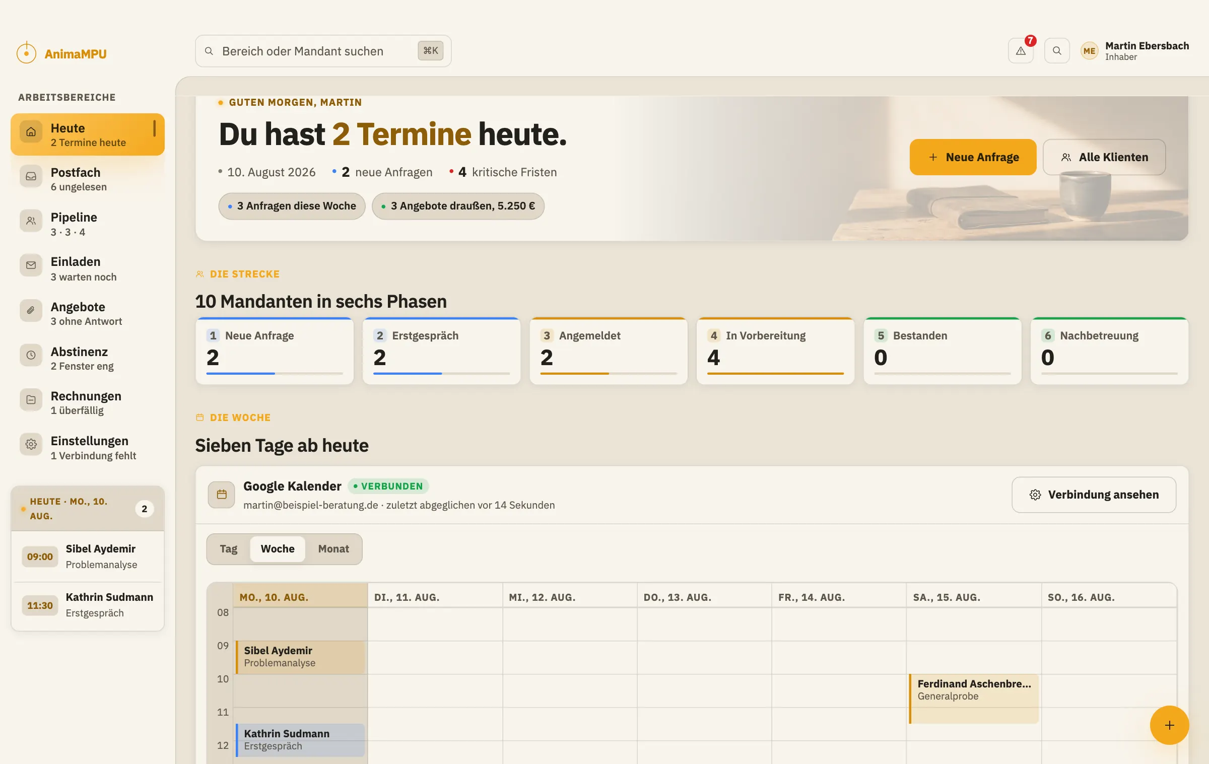 Der Bildschirm „Heute“ im AnimaMPU Dashboard. Hell, mittel oder dunkel: Sie stellen das um, und es bleibt so, bis Sie es wieder ändern.