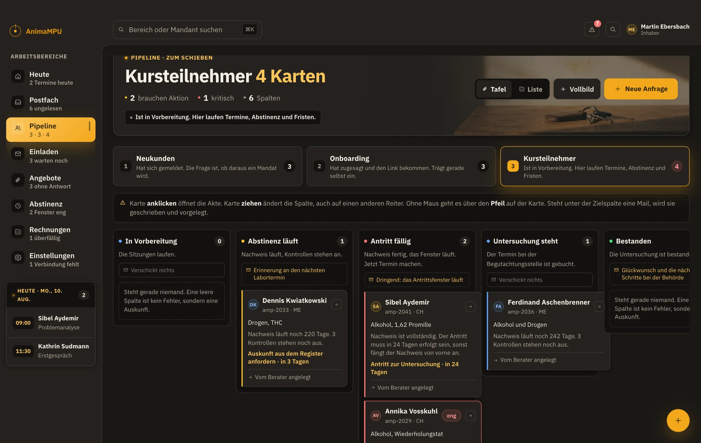 Der Bildschirm „Kursteilnehmer“ im AnimaMPU Dashboard. Wer in der Vorbereitung steckt, mit Sitzung, Nachweisen und dem nächsten Termin.