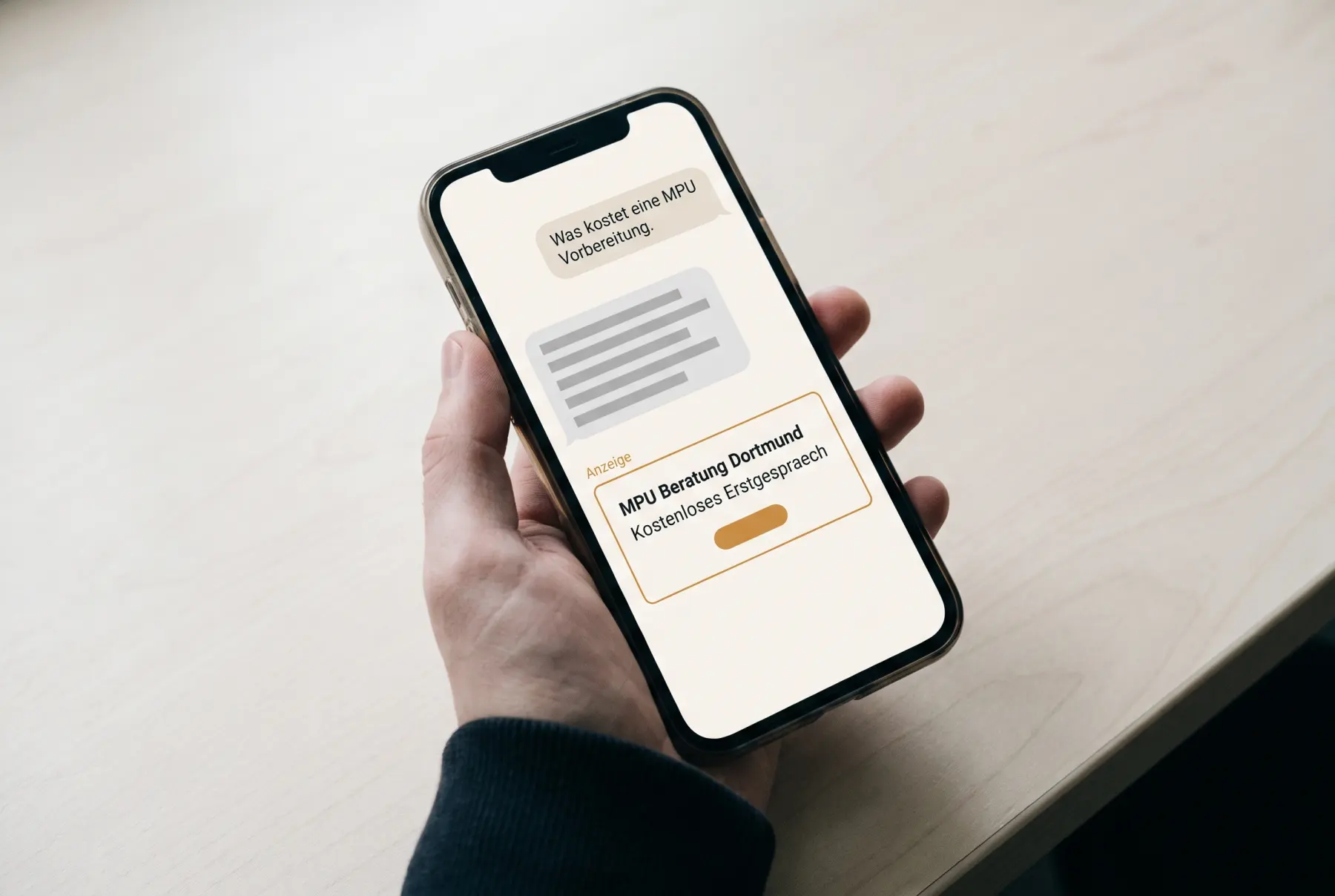 Ein Telefon zeigt einen Chatverlauf: die Frage „Was kostet eine MPU Vorbereitung“, darunter die Antwort und davon abgesetzt eine mit „Anzeige“ gekennzeichnete Karte.
