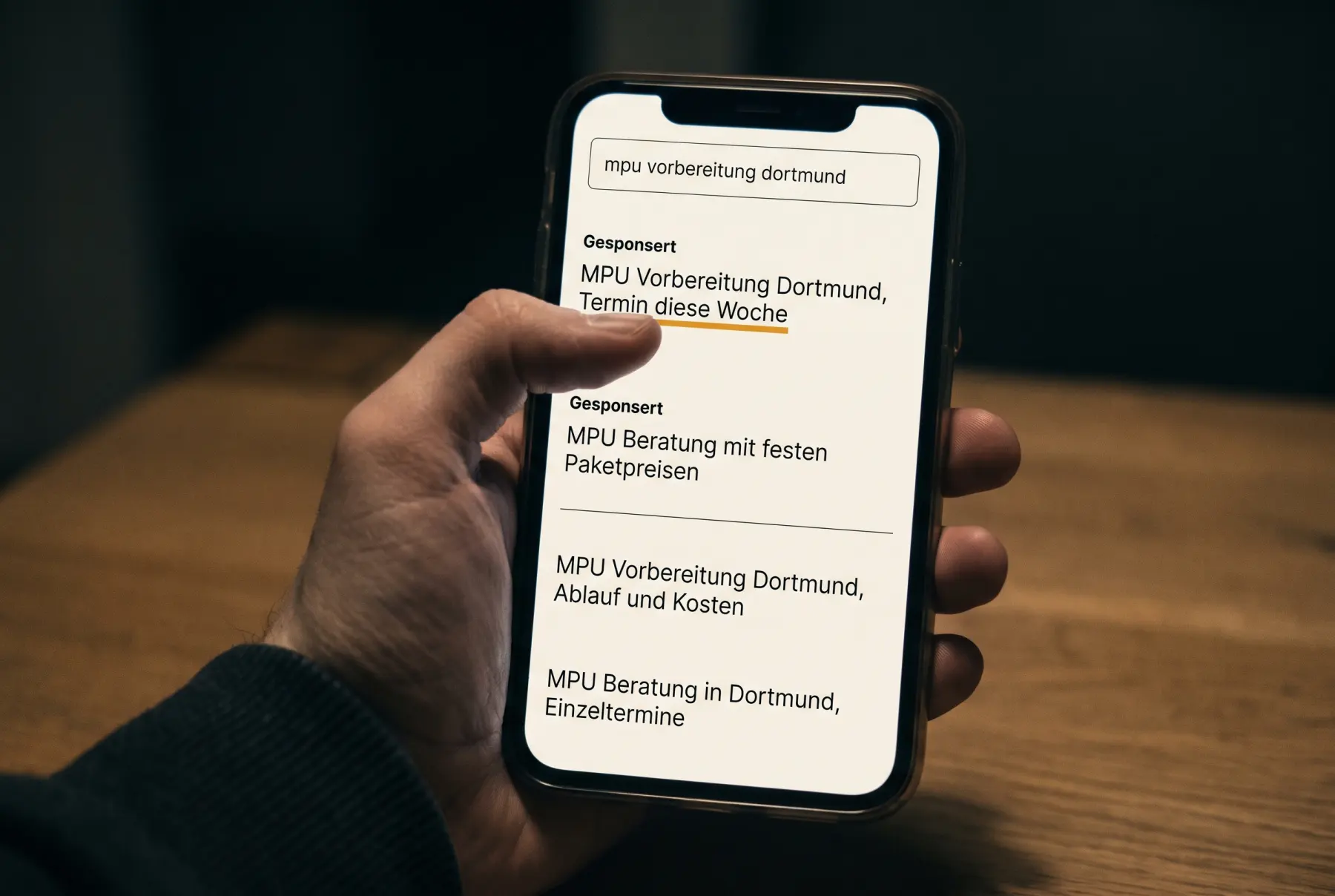 Ein Telefon bei Nacht, im Suchfeld „mpu vorbereitung dortmund“. Die beiden obersten Treffer sind mit „Gesponsert“ gekennzeichnet, der erste ist bernsteinfarben unterstrichen, ein Finger schwebt darueber.