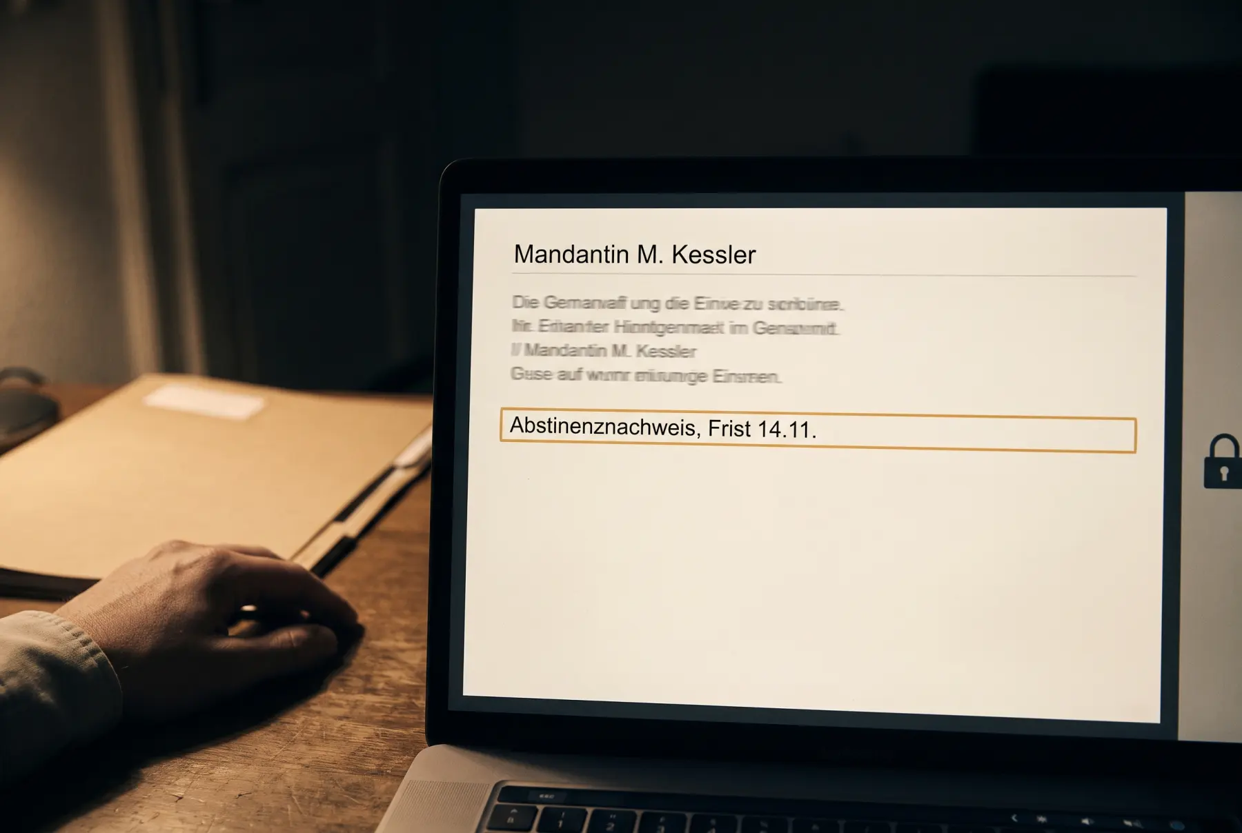 Ein Laptop im Büro am Abend. Auf dem Bildschirm eine Akte: „Mandantin M. Kessler“, darunter eine bernsteinfarben hervorgehobene Zeile „Abstinenznachweis, Frist 14.11.“, am Rand ein geschlossenes Schloss.