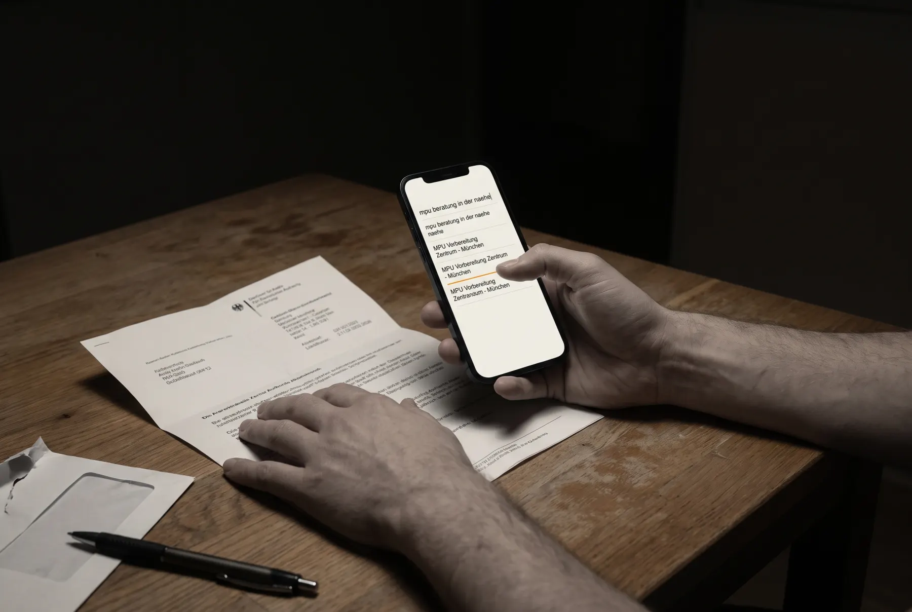 Ein Kuechentisch bei Nacht. Ein Behoerdenbrief liegt da, eine Hand haelt ein Telefon mit der Suche „mpu beratung in der naehe“ und der Trefferliste.