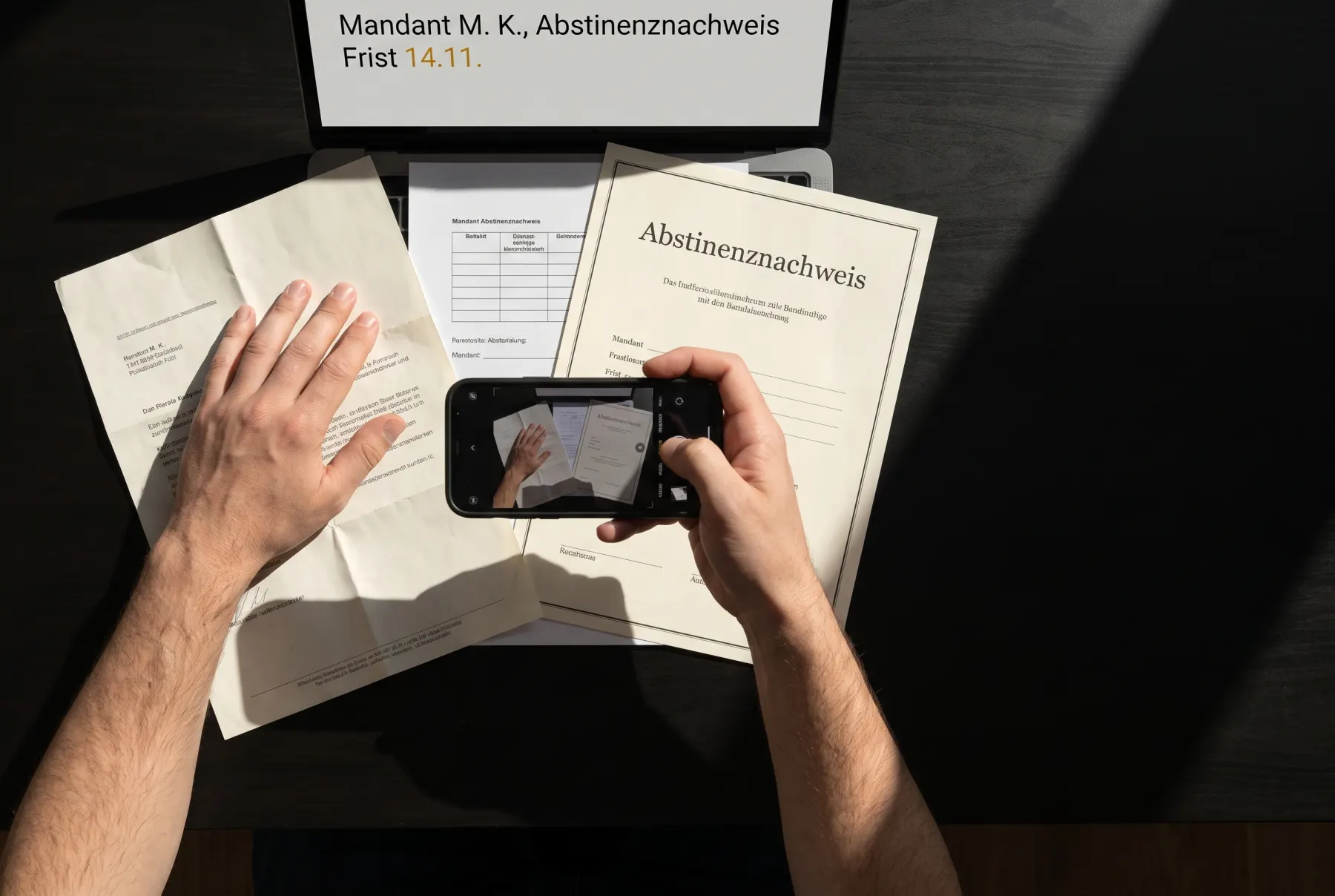 Ein Schreibtisch von oben, Papiere ausgebreitet, darunter lesbar „Abstinenznachweis“. Eine Hand fotografiert sie mit dem Telefon ab.
