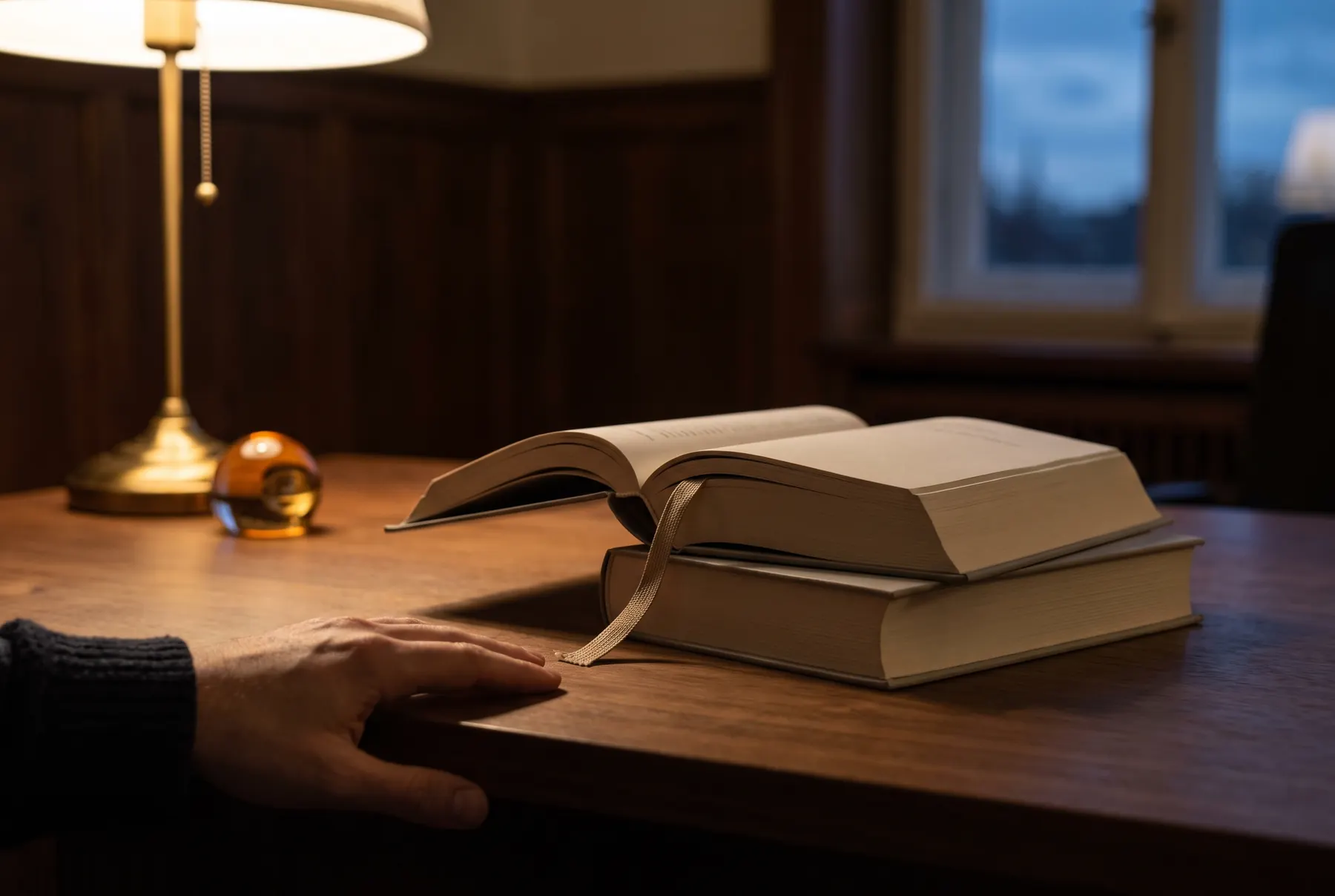 Zwei dicke gebundene Bücher liegen gestapelt auf einem Schreibtisch, das obere aufgeschlagen mit einem Lesebändchen.
